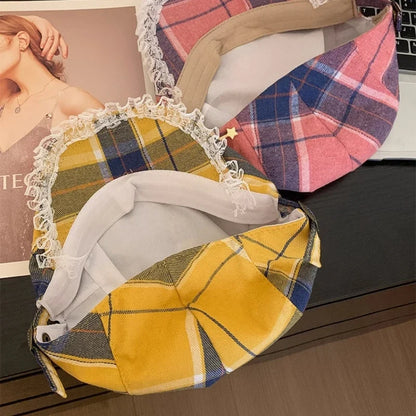Y2K Cute Bow Lace Berets Cap for Women Spring Summer Sweet and Cool Versatile Dopamine Contrasting Color Plaid Forward Hats