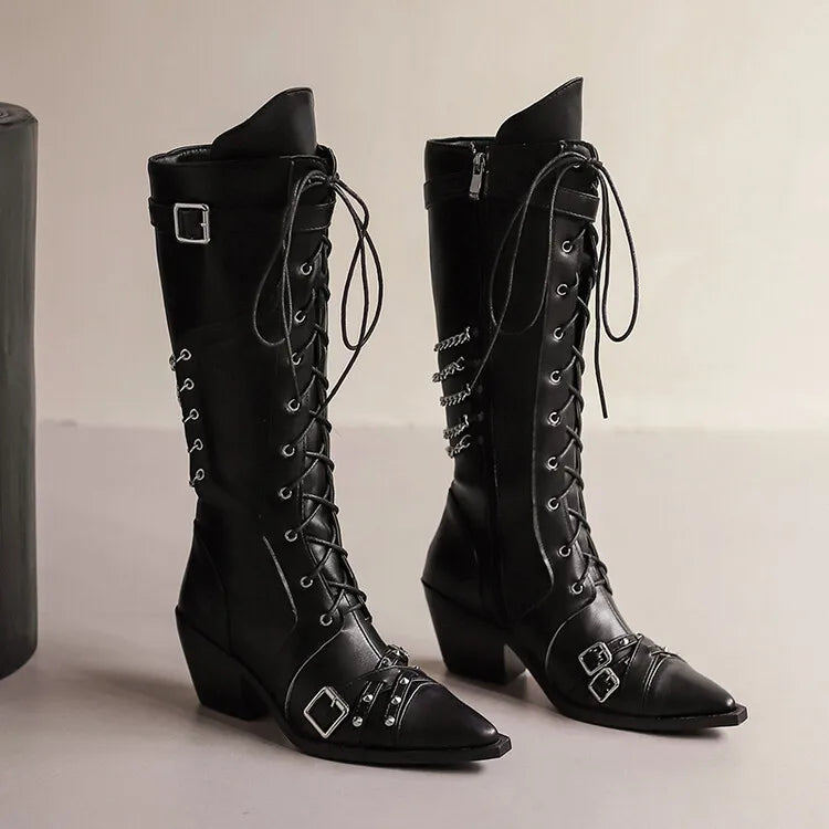 Fashion Punk Rock Band Performance Knee Length Boots with Pointed Chelsea 6cm Thick Heel Chain Boots 35-45 Slipsole Boots