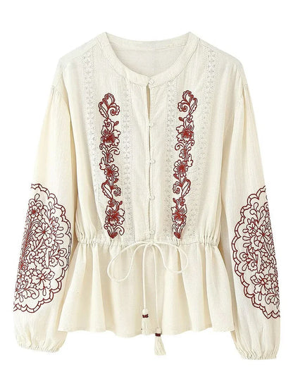 Solid Hollow Out Embroidery Blouse Women Spring Lace Trim O Neck Drawstring Blouses Elegant Casual Fashion Long Sleeve Shirt Top