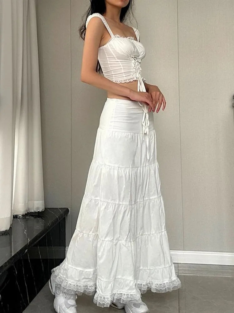 White Long Skirts High Waist Drawstring Casual Cake Skirt for Women Vintage Lace Patchwork Loose Folded Ladies Clothing