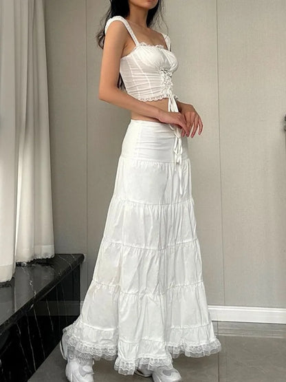 White Long Skirts High Waist Drawstring Casual Cake Skirt for Women Vintage Lace Patchwork Loose Folded Ladies Clothing