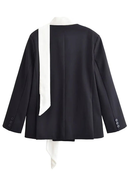 Fashion Scarf Blazers jacket Female Elegant Long Sleeve Patchwork Commute Pocket Outwear Women's Contrast Suit jacket 2026