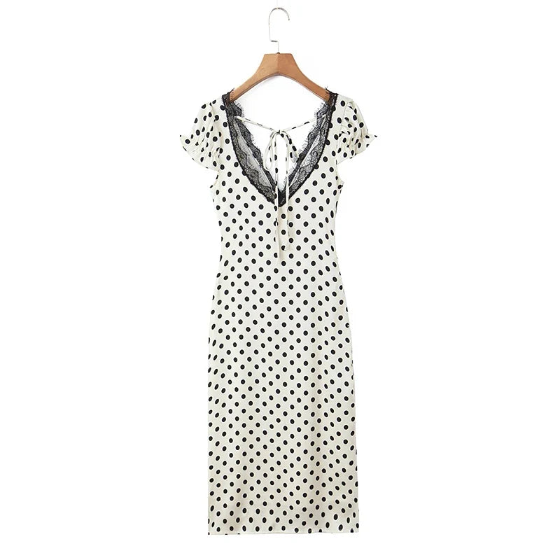 Elegant Girls Short Sleeve V Neck Lace Trim Polka Dot Summer Dress Sexy Backless A-line Midi Holiday Female Vestidos