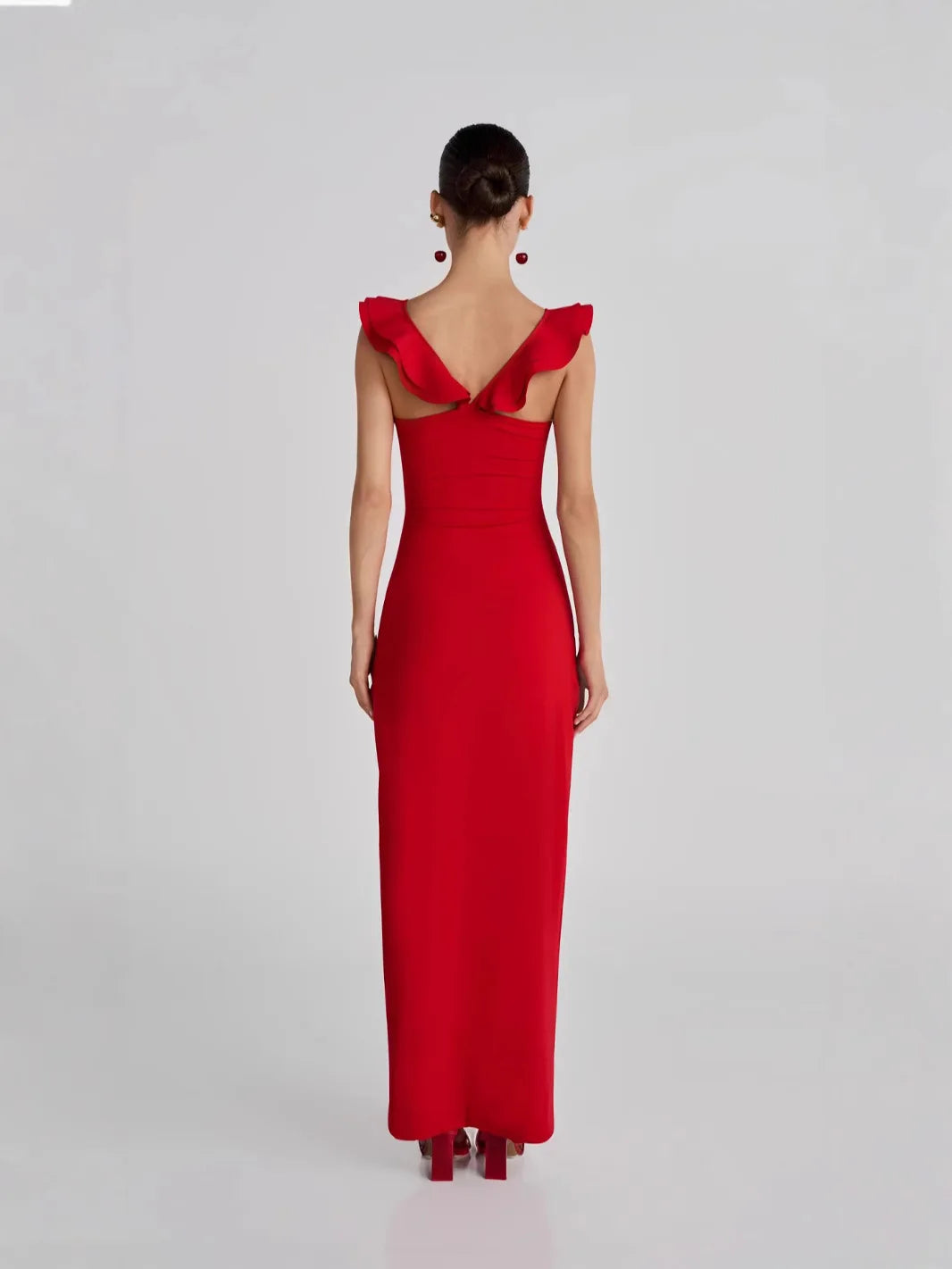Strapless Cascading Ruffle Flower Rosette Column Maxi Dress