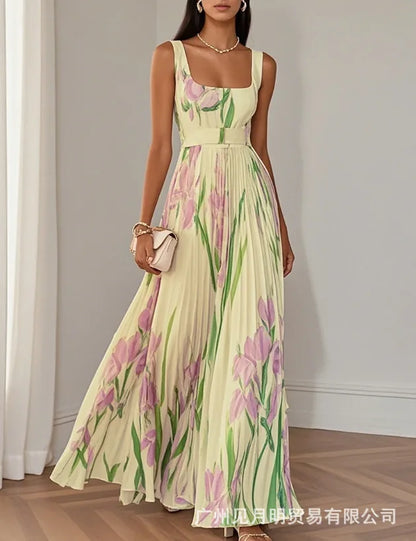 Elegant Print Belt Long Holiday Dress Women Square Collar Sleeveless Backless Pleated Party Dresses 2025 Summer Lady Floral Robe