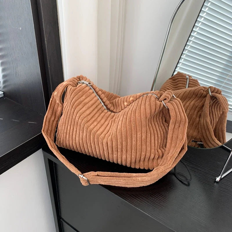Beige Corduroy Bag For Women Simple Shoulder Bag Versatile Shopper Underarm Handbag Purse Zipper Small Messenger Bag Travel