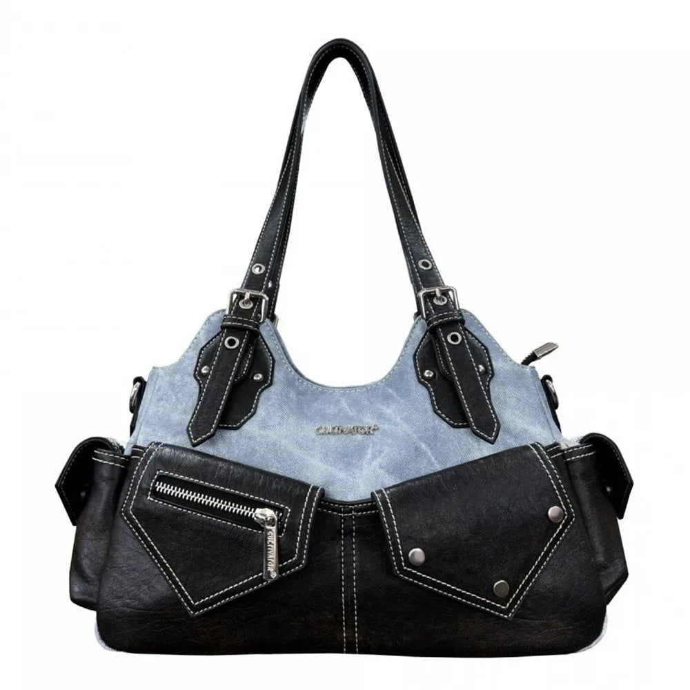 Women's Fashion PU Leather Shoulder Bag Large Capacity Crossed Color Cowboy Backpack Multifunctional Underarm Bag Casual Outing
