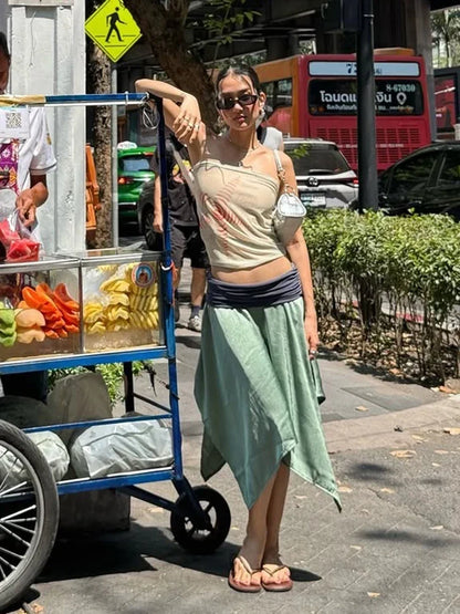 Sexy Vacation Style 2 Piece Set Woman Star Print Wrap Chest Backless Tank Tops+Color Blocking Long Skirts Streetwear