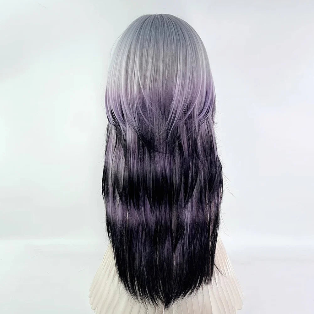 Grey Ombre Purple Black Jellyfish Head Wig Long Straight Synthetic Women Fluffy Lolita Cosplay Wig for Daily Party