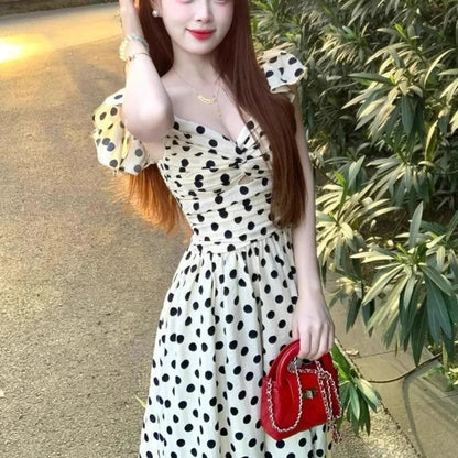 Polka Dot Dress Women's Summer High-end Seaside Vacation Xiaofei Sleeve Temperament Waist A-word Long Skirt