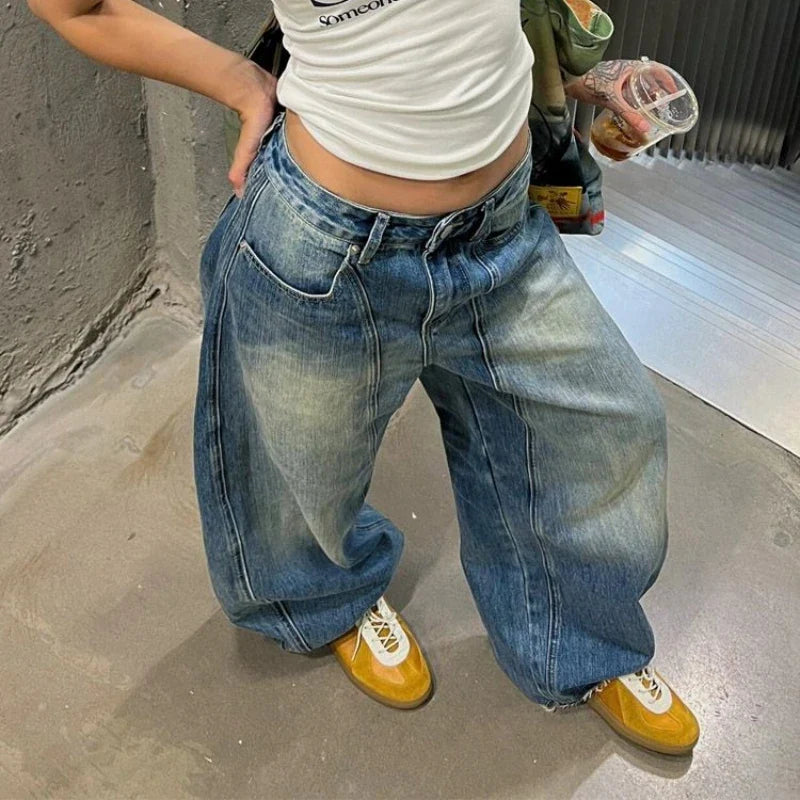 Vintage Oversized Blue Jeans Woman Y2k Casual America Retro Baggy Denim Pants Basic Harajuku Wide Leg Trousers Summer