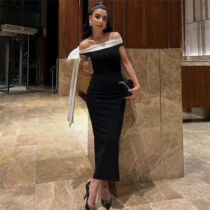 Off Shoulder Contrast Bow Shoulder Ribbon Bodycon Maxi Dress