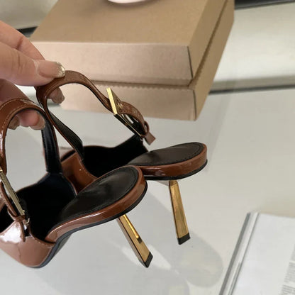 Street Style Sexy Pointed Toe Metal Buckle Strap Women Pumps Stripper Sandals Slingback High Heels Female Shoes