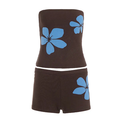 New Women Sexy Floral Print Tube Top Shorts Set Summer Vacation Style 2 Piece Outfits Slim Party Club Beachwear