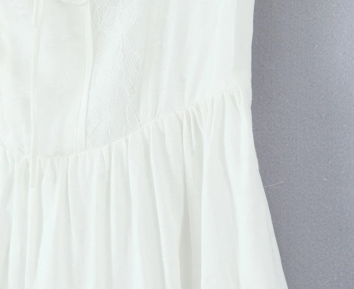 Lace Spliced Elegant White Dress Women Square Neck Sleeveless A-line Summer Long Dresses Holiday Party Robe