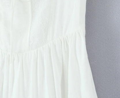 Lace Spliced Elegant White Dress Women Square Neck Sleeveless A-line Summer Long Dresses Holiday Party Robe