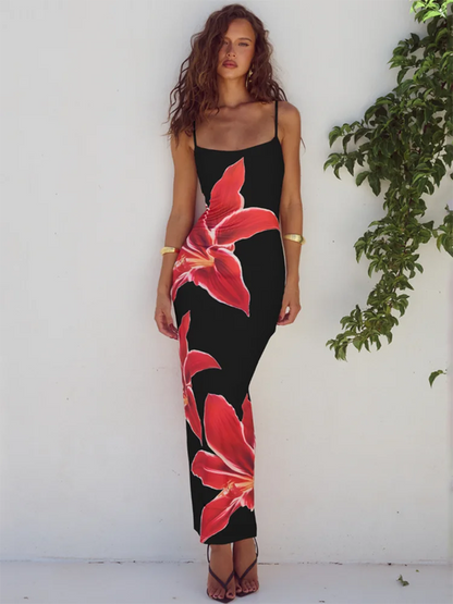 Large Lily Floral Print Spaghetti Strap Square Neck Bodycon Maxi Dress