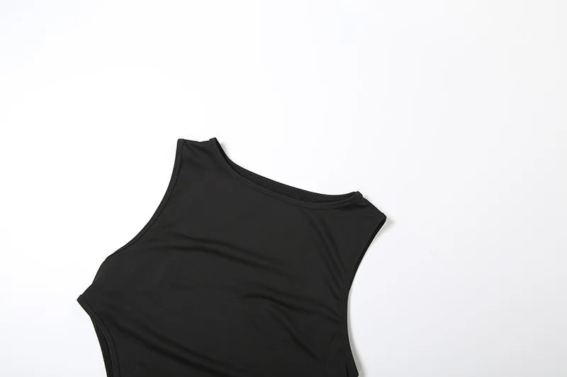 Sexy 2 Pieces Clothing Set Women Black O Neck Sleeveless Slim Bodysuit and High Slit Irregular Long Skirt Suit Y2K Outfits