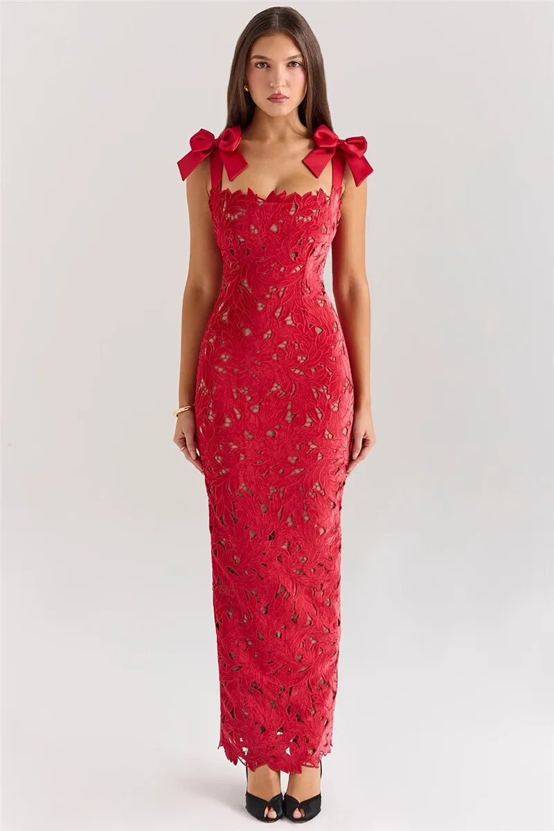 Square Neck Large Bow Shoulder Floral Lace Column Maxi Gown