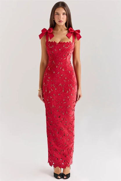 Square Neck Large Bow Shoulder Floral Lace Column Maxi Gown
