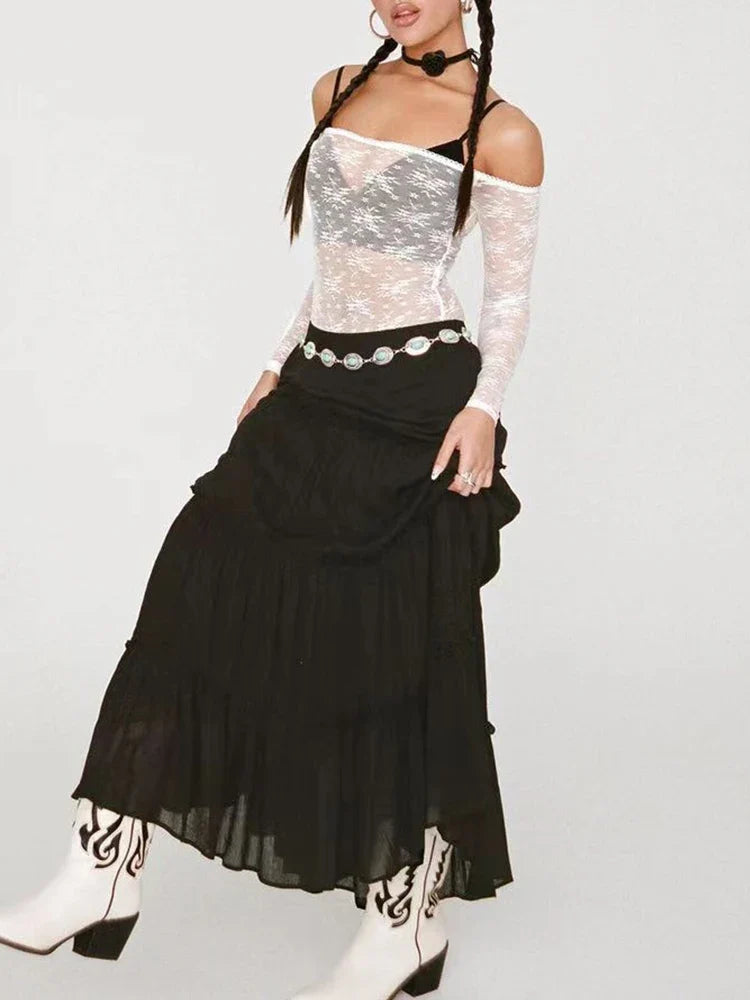 Casual Skirts Women Fashion Vintage Streetwear Skirts Solid Loose Floral Folds Elastic Waist Midi 2024 New Spring Summer Skirts