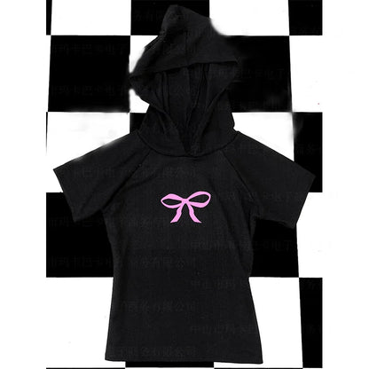 Contrast Bow Printed Hooded Crop Tees Women Short Sleeved Slim Versatile Pullover Top Hottie Sweet Y2K T-shirt Streetwear