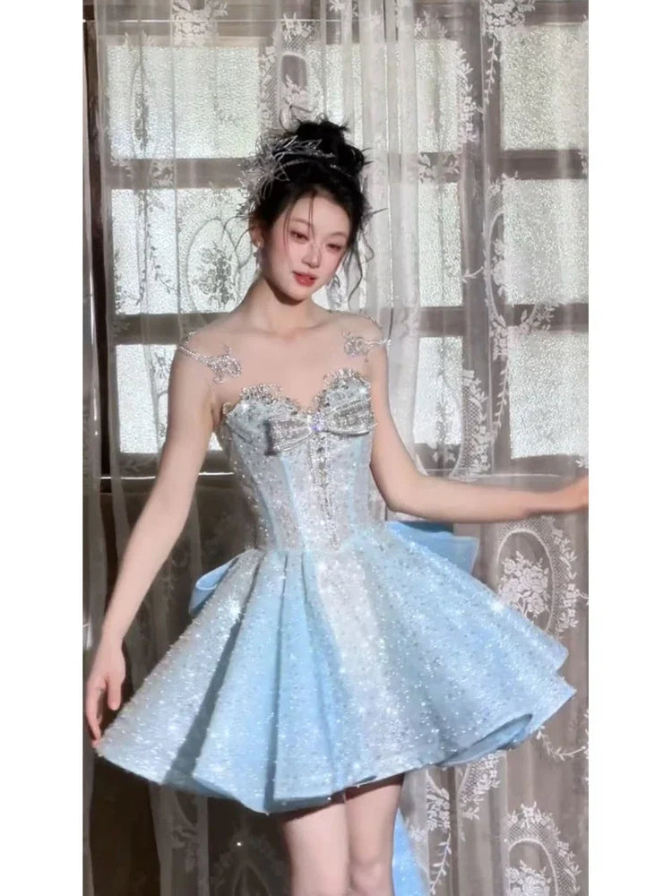 Summer New Blue Heavy Craft Engagement Short Dress Fairy Style High-End Light Luxury Birthday Party Host Dress