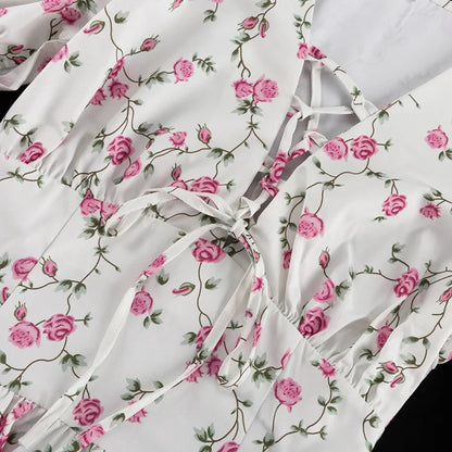V Neck Short Sleeve Lace Up Summer Short Dresses Women Casual Vacation Mini Print Dresses A Line Corset Cake Layered Dress