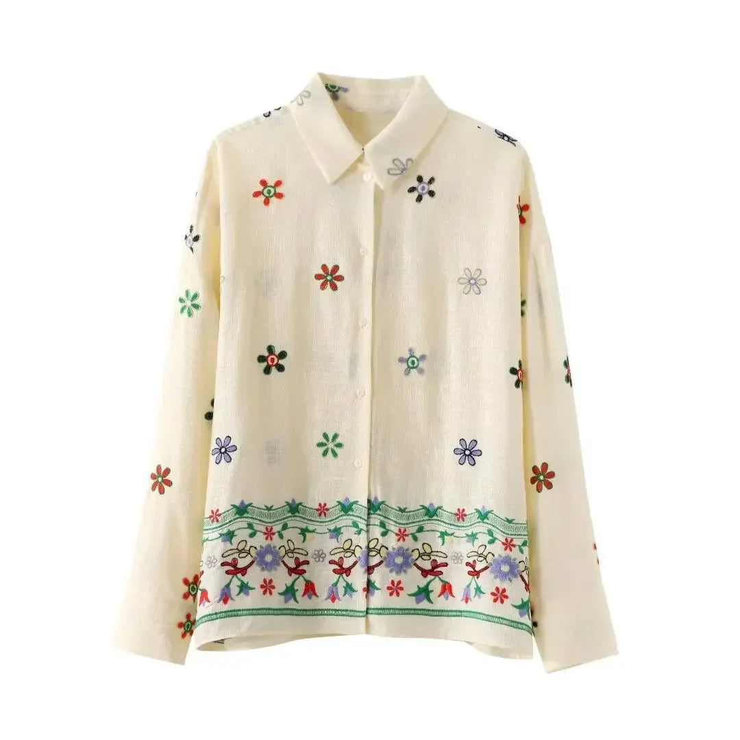 Holiday Embroidery Floral Shirts Women Blouses Suit Tops Two Piece Sets with Button 2024 Summer Vintage Elegant Woman Pant Suit