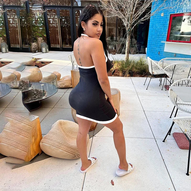 Deep V Halter Neck Contrast Trim Binding Bodycon Mini Dress