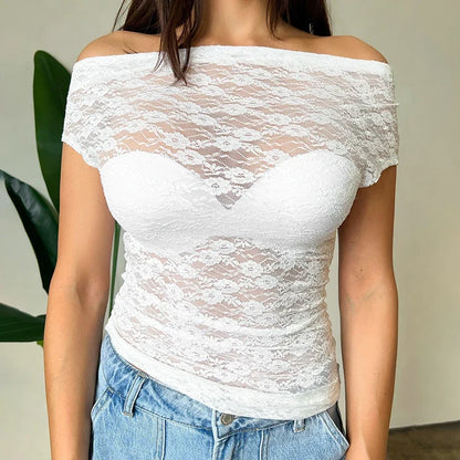 One-Shoulder Lace Short Sheer Top