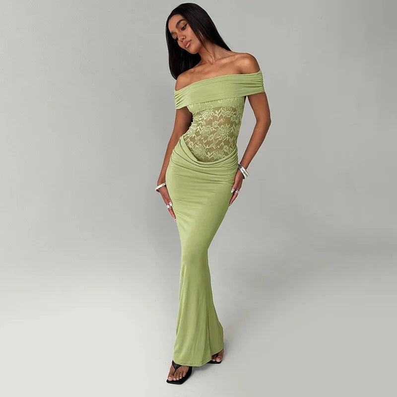 Off Shoulder Floral Lace Panel Ruched Bodycon Maxi Dress