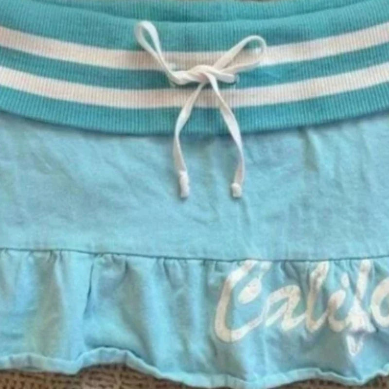 Y2k Aesthetic Letter Printing Mini Skirt Summer Women Harajuku Sweet Ruffled Jupe Streetwear Patchwork Drawstring Grunge Skirts