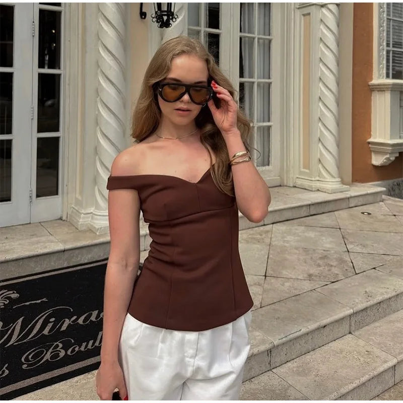 Women's Suit Solid Off Shoulder Backless Waist Cinching Sleeveless Top Straight Trousers Female 2 Pieces Summer Matching Sets