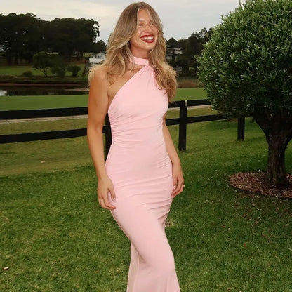 Asymmetrical Halter High Neck One-Shoulder Ruched Waist Bodycon Maxi Dress