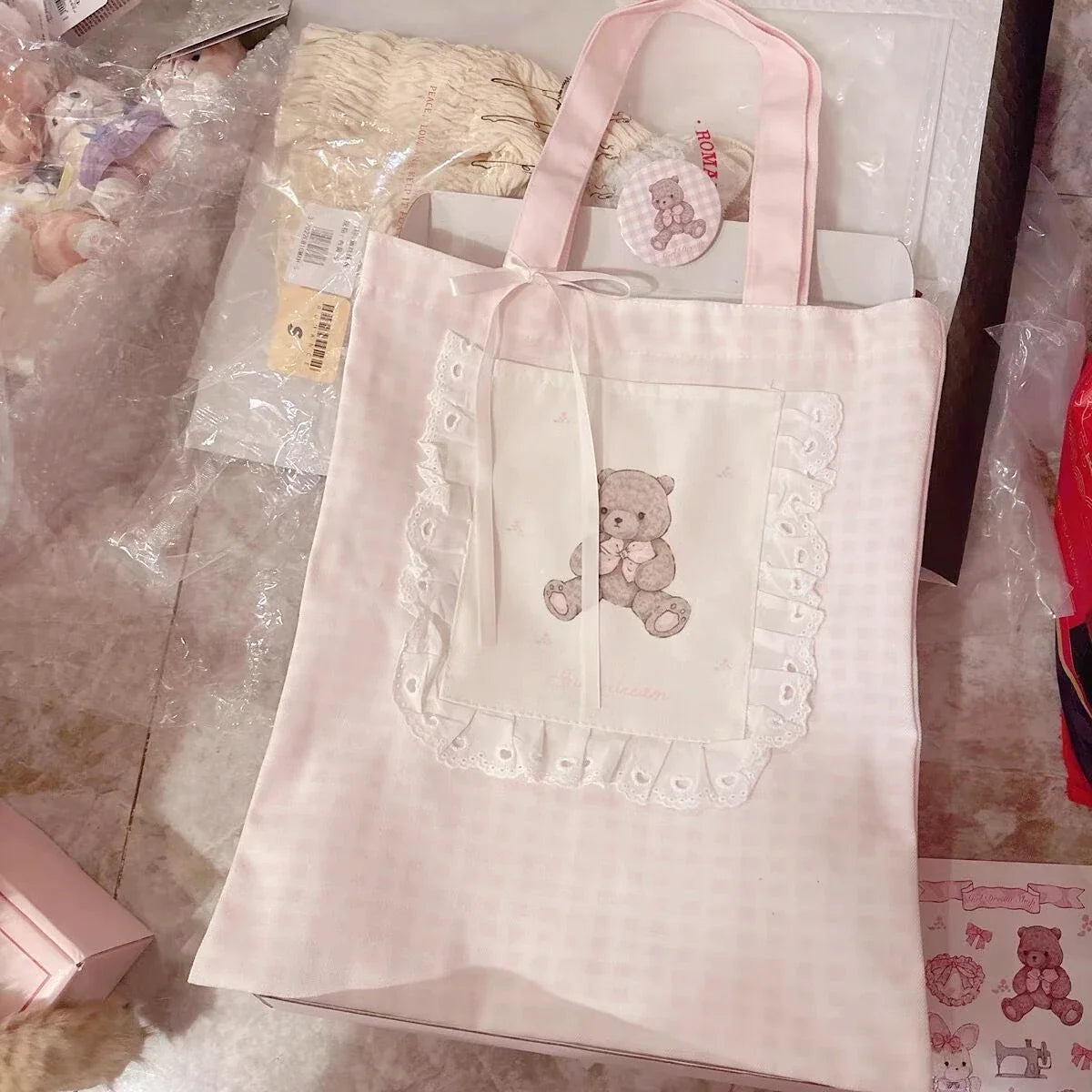 Pink Bear Shoulder Bag for Women, Large Capacity, Casual Totes, Ladies Cute Canvas Bags, Bucket Handbag, New, 2024