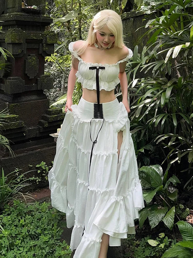 Puss Sweet 2-Piece Set Women Y2K Slash neck Patchwork Lace Bow Crop Tops+High Split Bandage Skirts Matching Vacation Suits