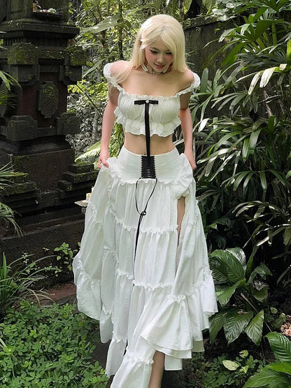 Puss Sweet 2-Piece Set Women Y2K Slash neck Patchwork Lace Bow Crop Tops+High Split Bandage Skirts Matching Vacation Suits
