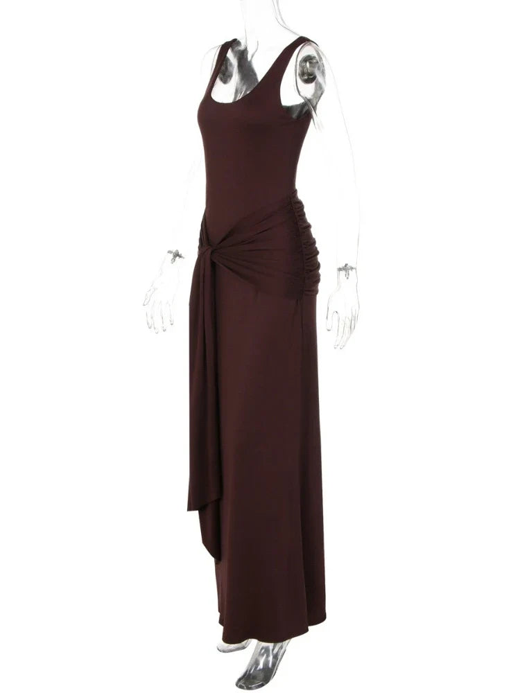 Elegant U-Neck Sleeveless Bodycon Long Dress Women's Solid Color Ribbon Tie-up Ruched Slim Maxi Dress for Date Night Party