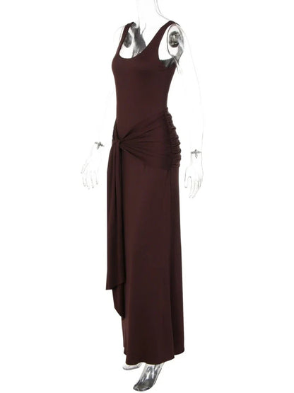 Elegant U-Neck Sleeveless Bodycon Long Dress Women's Solid Color Ribbon Tie-up Ruched Slim Maxi Dress for Date Night Party