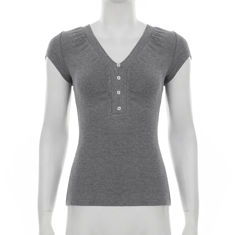Casual Grey V-neck Crop Top Women Basic Skinny Short Sleeve Knitted T-shirts for Summer y2k Vintage Harajuku Tees Retro