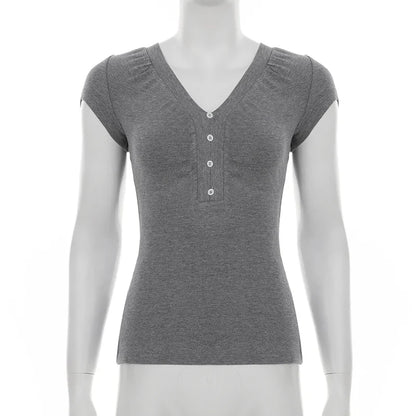 Casual Grey V-neck Crop Top Women Basic Skinny Short Sleeve Knitted T-shirts for Summer y2k Vintage Harajuku Tees Retro