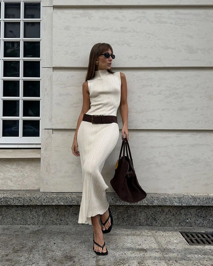 Mock Neck Sleeveless Rib Knit Bodycon Maxi Dress
