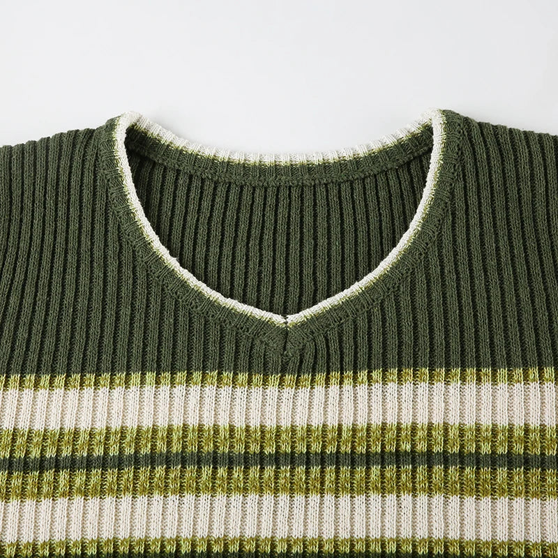 Casual Striped Knitted Sweater Basic V-Neck Long Sleeve Pullovers Women Autumn Winter Fashion Streetwear Ladies