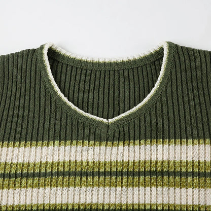 Casual Striped Knitted Sweater Basic V-Neck Long Sleeve Pullovers Women Autumn Winter Fashion Streetwear Ladies