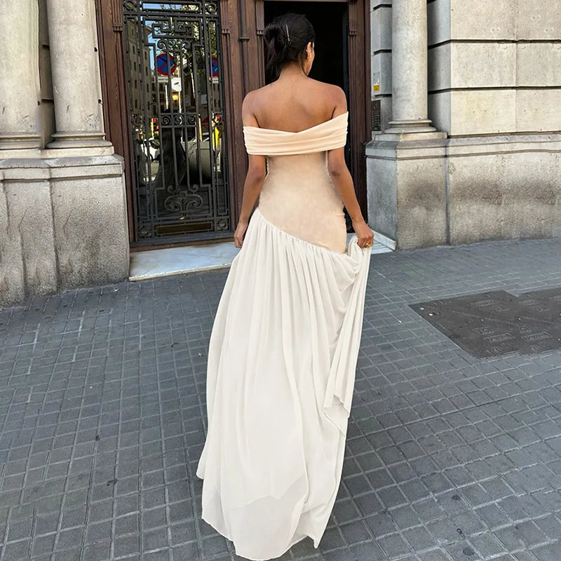 Contrast Color Off Shoulder Long Dress Elegant Party Evening Robe 2024 Summer New Fashion Backless High Waist Vestidos