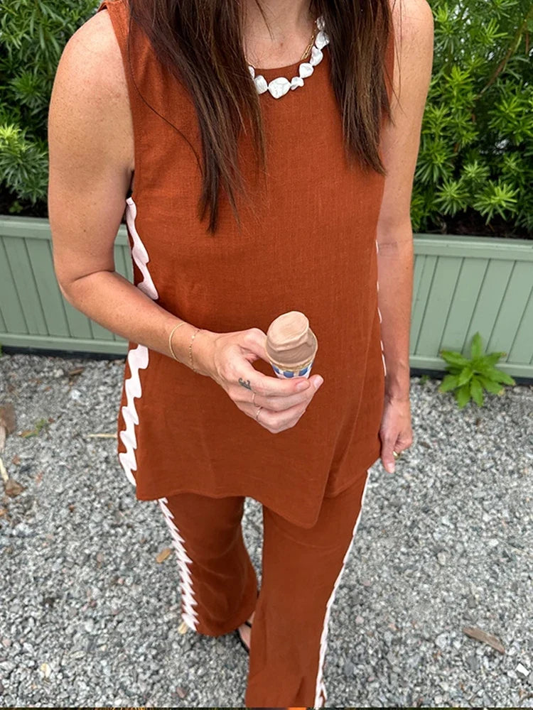 Casual Sleeveless Shirts Long Pant Woman's Set Versatile Loose O-neck Shirts High Waist Trousers Sets Female Spring Chic Outfits