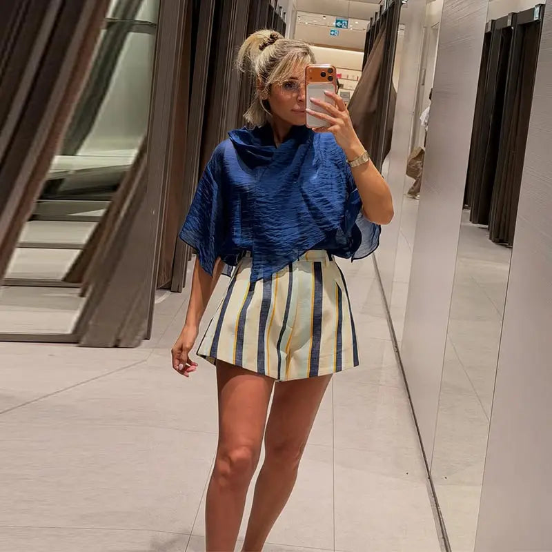 Striped Women's Shorts Mid Rise Striped Shorts Pleated Button Shorts Color Contrast Design Daily Casual Wear Collection