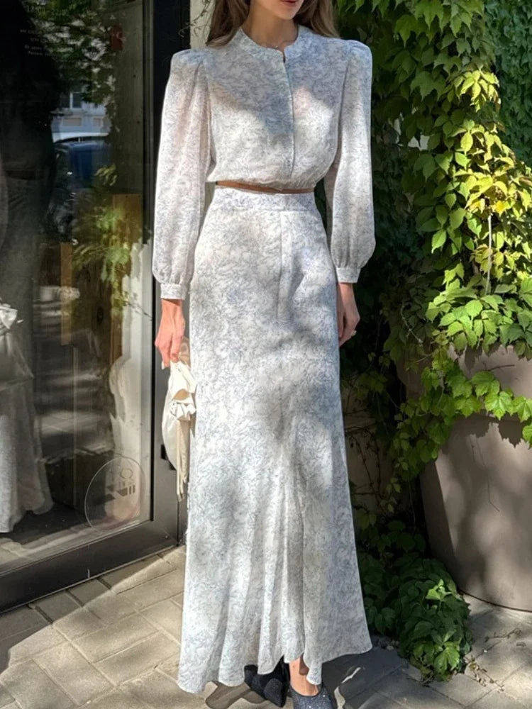 Commute Printed Female 2 Piece-Set Long Skirt Patchwork High Waist Short Top And Slim Maxi Skirt Sets New Women's Outfits