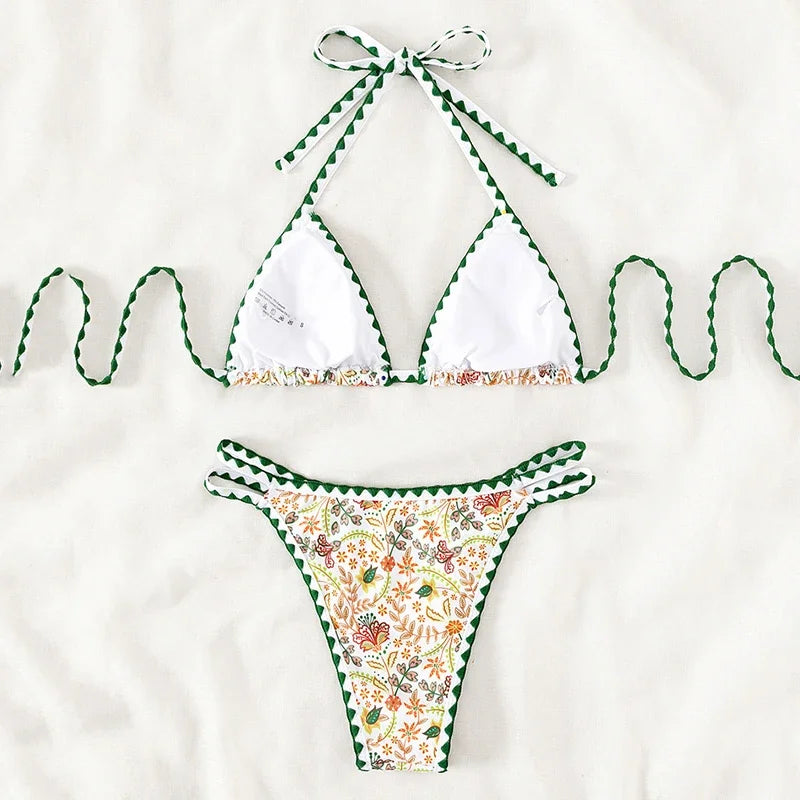 Sexy String Halter Triangle Bikini Floral Print Swimwear Women Micro Thong Swimsuits Bather Bathing Suit Bikini Biquinis Swim